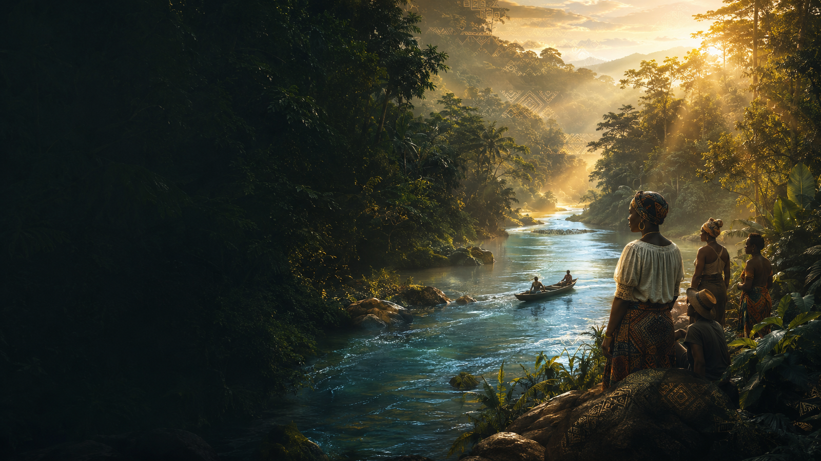 Ilustración editorial del río y la comunidad de Citronela al amanecer